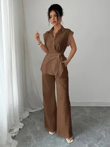 Elegant brown two-piece set for women with short sleeve tie-waist shirt and wide leg pants