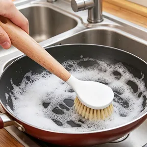 Kitchen Cleaning Brush Wood Plastic Long Handle Dish Pot Scrubber For Household Decontamination