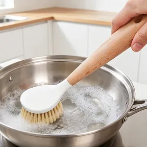 Long wooden handle kitchen cleaning brush for scrubbing pots and dishes with soapy water