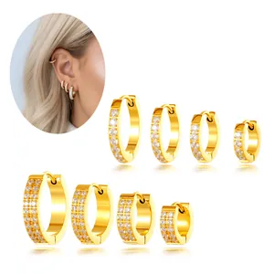 Pendientes de Aro Minimalistas de Acero Inoxidable Redondos Con Circonia Incrustada Joyería para Piercing de Cartílago Oro Plata