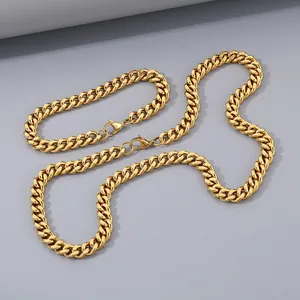 Hip-hop style gold stainless steel Cuban link necklace and bracelet jewelry set
