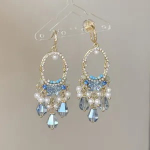 Orecchini pendenti bohémien geometrici con cristalli blu e perle per donne eleganti