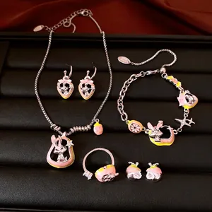 Sweet pink rabbit enamel jewelry set with necklace bracelet ring and earrings