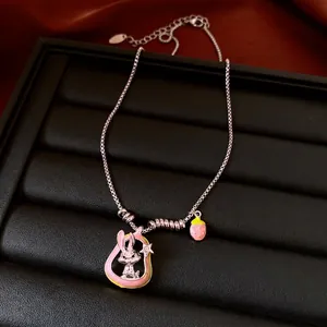 Luxury silver box chain necklace with enamel rabbit pendant and strawberry charm