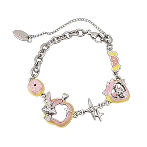 Cute enamel rabbit charm bracelet featuring silver chain and sparkling zircon star pendant