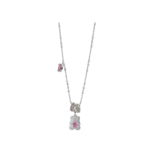 Exquisite silver-tone teddy bear necklace with a sparkling pink heart zircon pendant