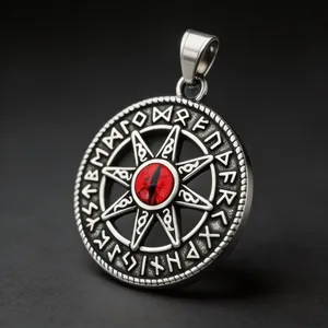Detailed close-up of a runic stainless steel pendant featuring a red eye star design