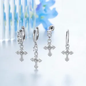 Retro Y2K Fleur De Lis Cross Earrings Titanium Alloy Post Rhinestone Inlaid Gothic Punk Stud Earrings For Women Men Jewelry