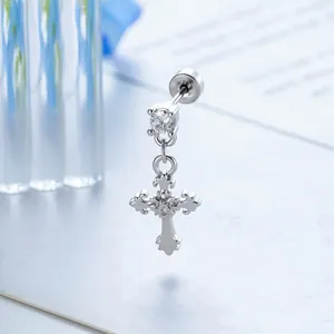 Minimalist vintage fleur-de-lis cross stud earring with crystals on a titanium barbell