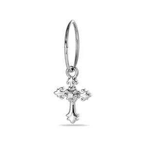 Vintage fleur-de-lis cross hoop earring with zircon in silver-tone titanium alloy
