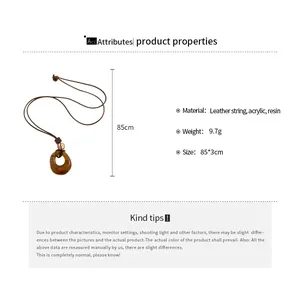 Detail view showing 85cm length resin circle pendant necklace with full specifications