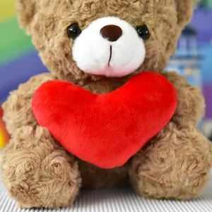 Dettaglio ravvicinato di un orsacchiotto di peluche marrone con un grande cuore rosso