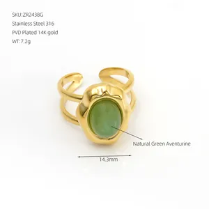 Detail of 14K gold plated stainless steel ring featuring natural green aventurine stone