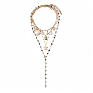 Bohemian multi-layer necklace set with shells, starfish, and colorful resin beads