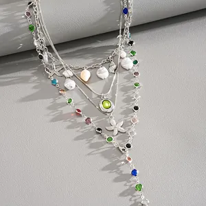 Macro view of 4-piece necklace set featuring starfish, sea shell, pearls, and colorful beads