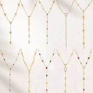 Y Shaped Necklace Stainless Steel Zircon 18K Gold Plated Long Sweater Chain Waterproof Hypoallergenic For Women