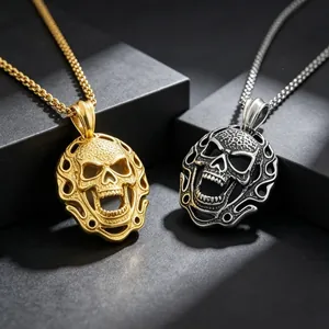 Gothic punk stainless steel skull pendants in gold and silver finishes for men