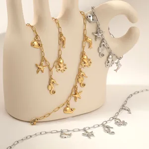 Stainless Steel Marine Life Pendant Necklace Bracelet Anklet Set Starfish Seahorse Octopus Shark Jewelry For Women