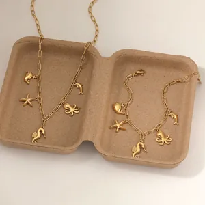 Gold stainless steel ocean charm necklace and bracelet set with starfish and seahorse