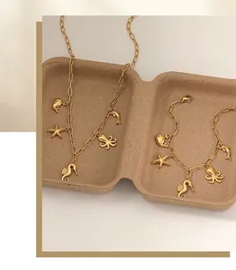 Detailed view of gold stainless steel necklace and bracelet with marine life charms