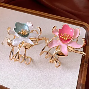 Vintage metal floral open cuff bracelet with elegant enamel petals for luxury fashion
