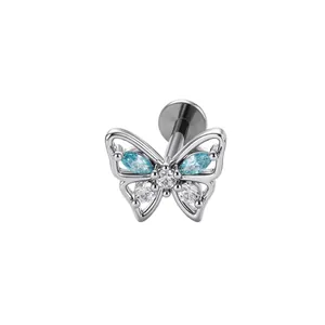 Silver butterfly cartilage earring with blue and clear cubic zirconia inlays