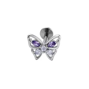 Butterfly cartilage stud earring with purple cubic zirconia in F136 titanium metal finish