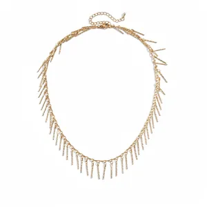 Elegant minimalist gold-colored necklace featuring metallic bar fringe and adjustable chain