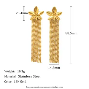 Bohemian 18K gold plated stainless steel flower tassel earrings with size measurements