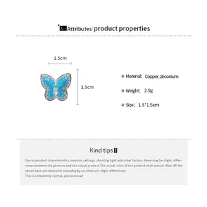 Detailed specifications of the blue butterfly zircon ear clip with 1.5cm dimensions.