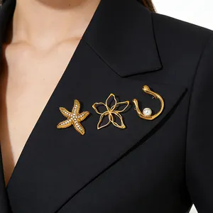 Stainless Steel Gold Plated Starfish Flower Brooch For Women High Sense Rhinestone Artificial Pearl Pin Fashion Jewelry Accessory