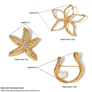 Gold-plated stainless steel brooch set with starfish, flower, and pearl designs including dimensions