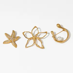 Set of gold-plated stainless steel brooches featuring starfish flower and pearl designs