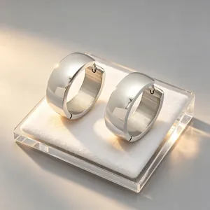 Close-up of minimalist stainless steel hoop earrings with a polished silver finish