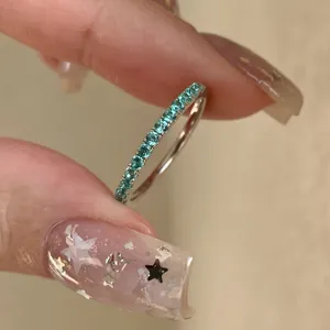 Paraiba Blue Zirconia Copper Thin Band Ring For Women Light Luxury Elegant Inlaid Zircon Stackable Finger Ring Jewelry Gift