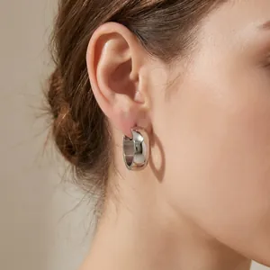 Detailed close-up showing minimalist silver stainless steel hoop earring on a model ear