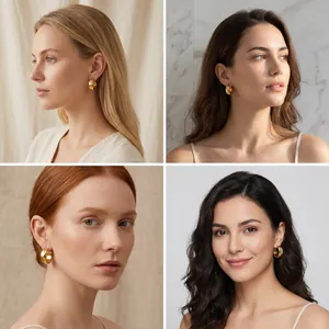 Chunky gold stainless steel hoop earrings showcased by four diverse female models