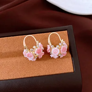 Vintage Harz Rosenblütenkorb Creolen Mit Strass Vergoldet Süße Florale Ohrclips Schmuck Für Damen