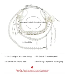 Multi-layered imitation pearl waist chain with tassel pendants and sizing specifications