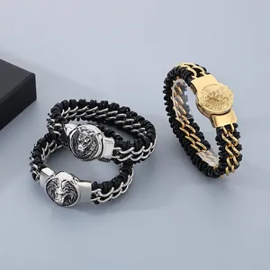 Men Braided Genuine Leather Bracelet With Stainless Steel Lion Head Charm Retro Punk Hip Hop Biker Style Jewelry