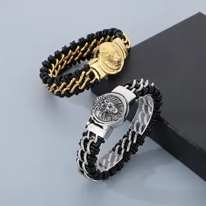 Men's braided leather bracelets with stainless steel lion and wolf head charms in gold and silver