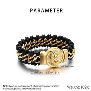 Close-up of men's wolf head bracelet with stainless steel parameters and braided leather.