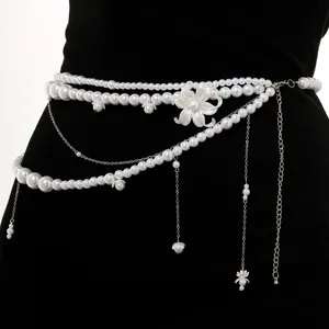 Elegant multi-layer pearl waist chain with delicate shell flower charms for dresses