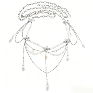 Elegant silver multi-layer pearl waist chain with crystal flowers for resort dresses
