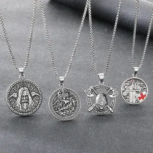 Set de 4 pendentifs vintage Viking Odin et Chevalier du Temple en acier inoxydable