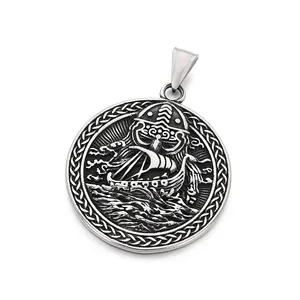 Pendentif bateau viking nordique en acier titane pour homme, finition vieil argent