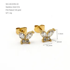 Detail view of 14K gold plated butterfly stud earrings with zircon inlay and measurements