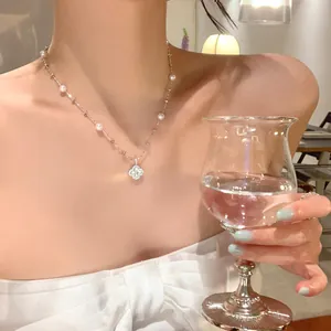 French Style Artificial Pearl Zirconia Flower Pendant Necklace Elegant Silver Plated Clavicle Chain For Women Fashion Jewelry