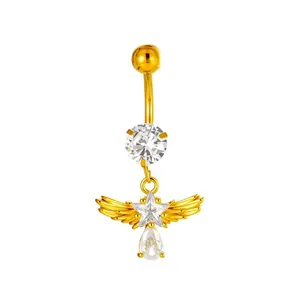 Piercing de nombril élégant ailes d'ange dorées avec cristaux en étoile et goutte