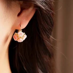 Elegant pink resin flower hoop earrings with crystals in a charming pastoral style